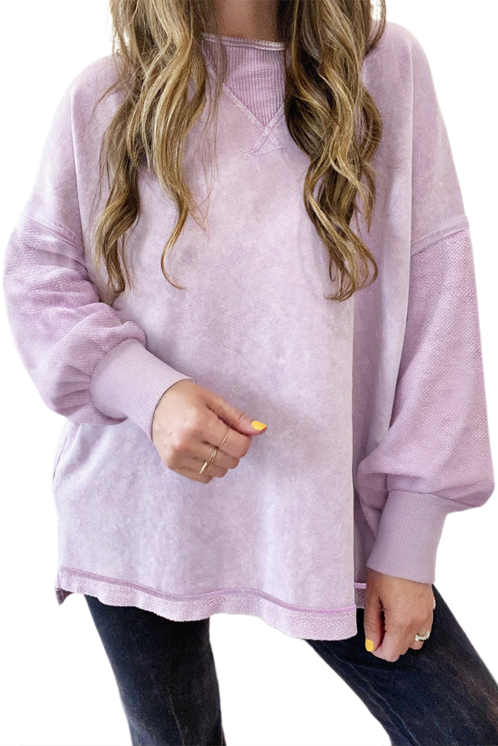 Orchid Petal Mineral Wash Drop Shoulder Pullover Sweatshirt Sweatshirts & Hoodies JT's Designer Fashion