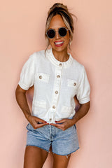 White Short Sleeve Button Detail Lightweight Knitted Shirt Sweaters & Cardigans JT's Designer Fashion