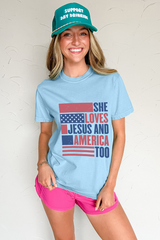 Light Blue SHE LOVES JESUS AND AMERICA TOO Flag Graphic T Shirt Graphic Tees JT's Designer Fashion