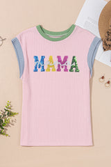Pink Sequined MAMA Graphic Corded Rib Knit Colorblock T Shirt Graphic Tees JT's Designer Fashion