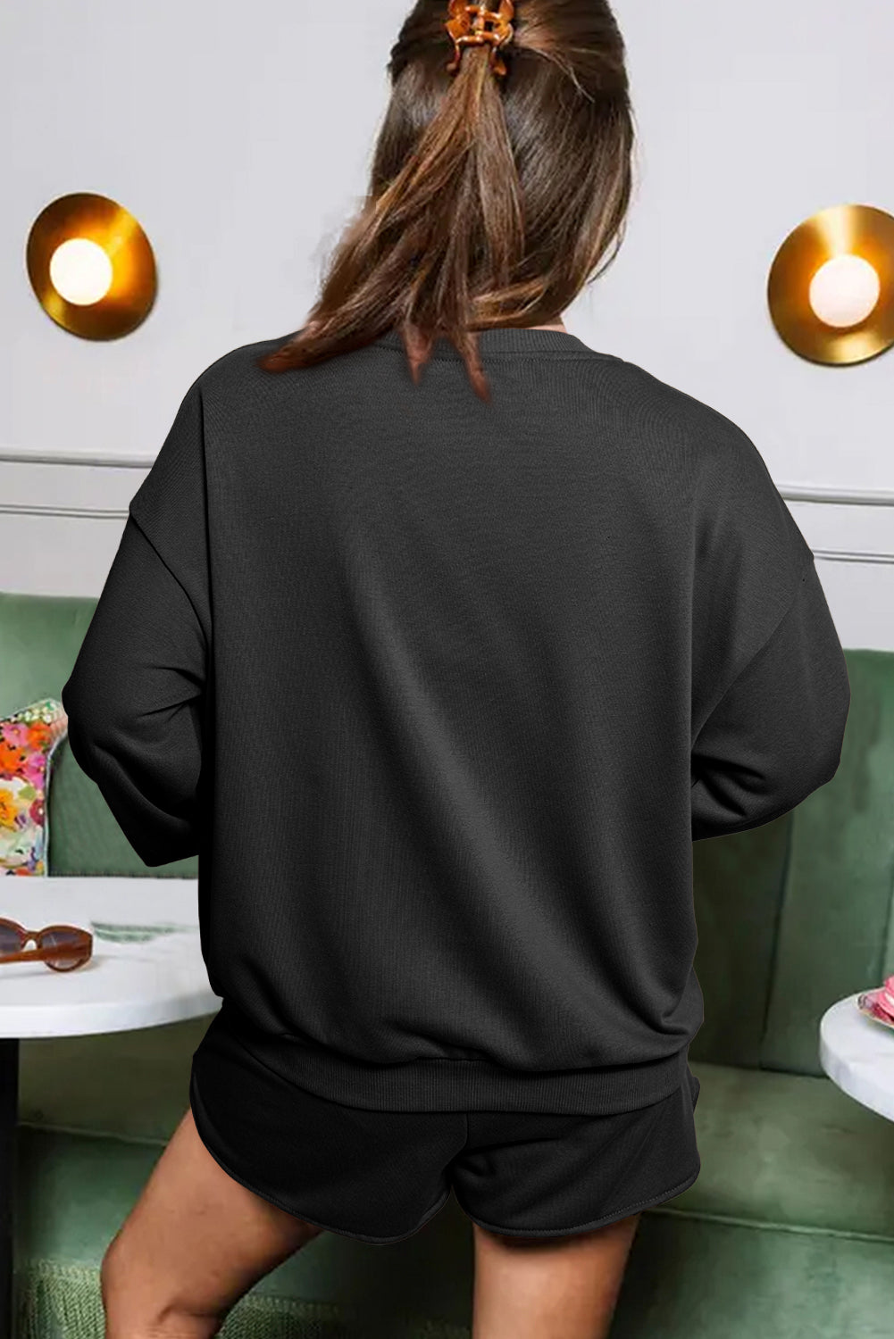 Black Sequined COFFEE Loose Fit Sweatshirt and Shorts Set Short Sets JT's Designer Fashion