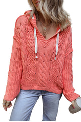 Gold Flame Cable Knit V Neck Contrast Drawstring Hooded Sweater Sweaters JT's Designer Fashion