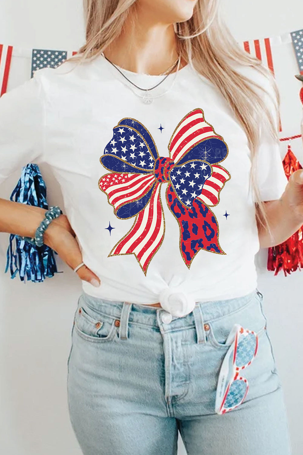 White Stars and Stripes Bow Print 4th of July T Shirt Graphic Tees JT's Designer Fashion