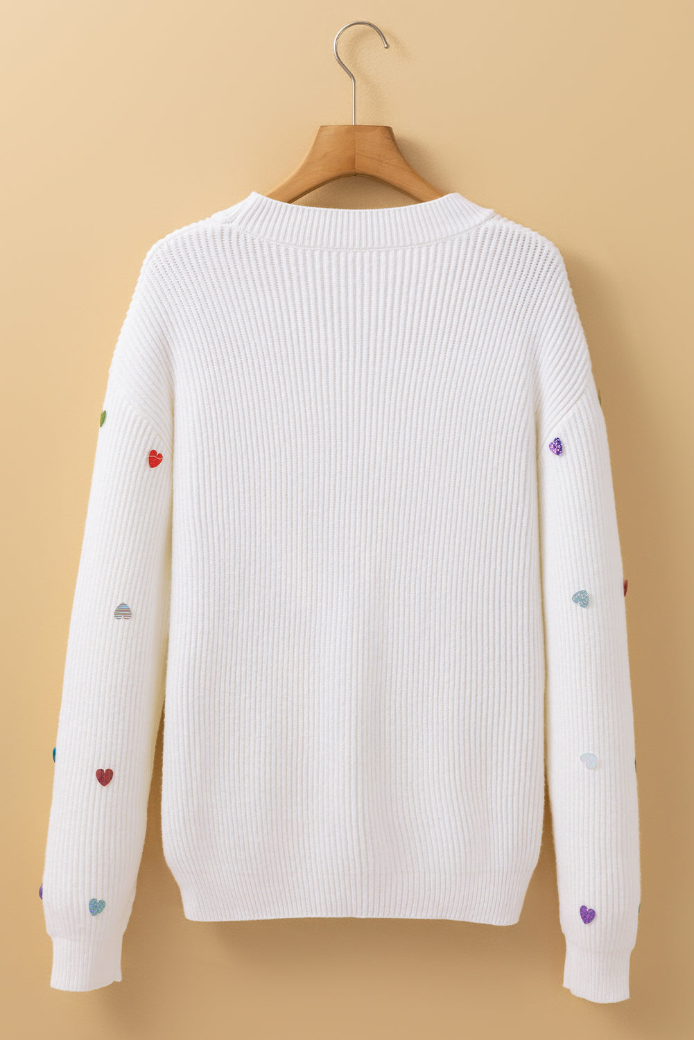 Beige Sequin Heart Shape Waffle Knit Round Neck Sweater Sweaters JT's Designer Fashion