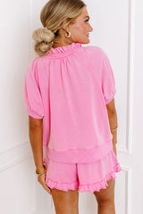 Pink Half Zip Puff Sleeve Top and Ruffled Shorts Set Short Sets JT's Designer Fashion
