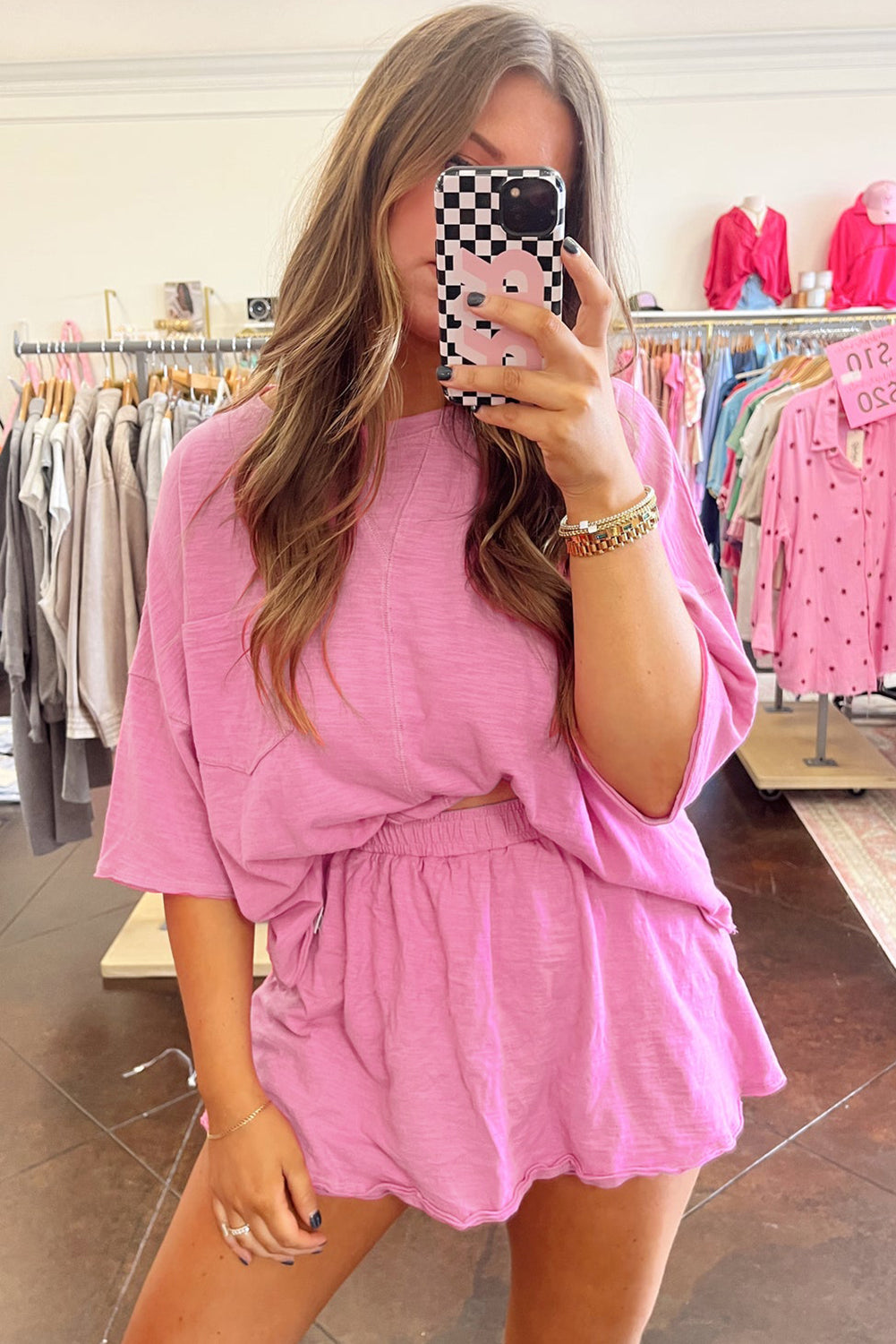 Sachet Pink Loose Fit Half Sleeve T Shirt and High Waist Skirt Set Two Piece Dresses JT's Designer Fashion
