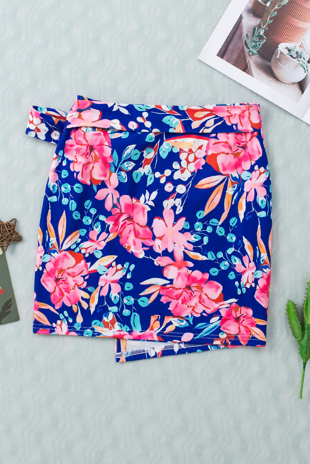 Blue Floral Print Lace-up High Waist Bodycon Mini Skirt Skirts & Petticoat JT's Designer Fashion