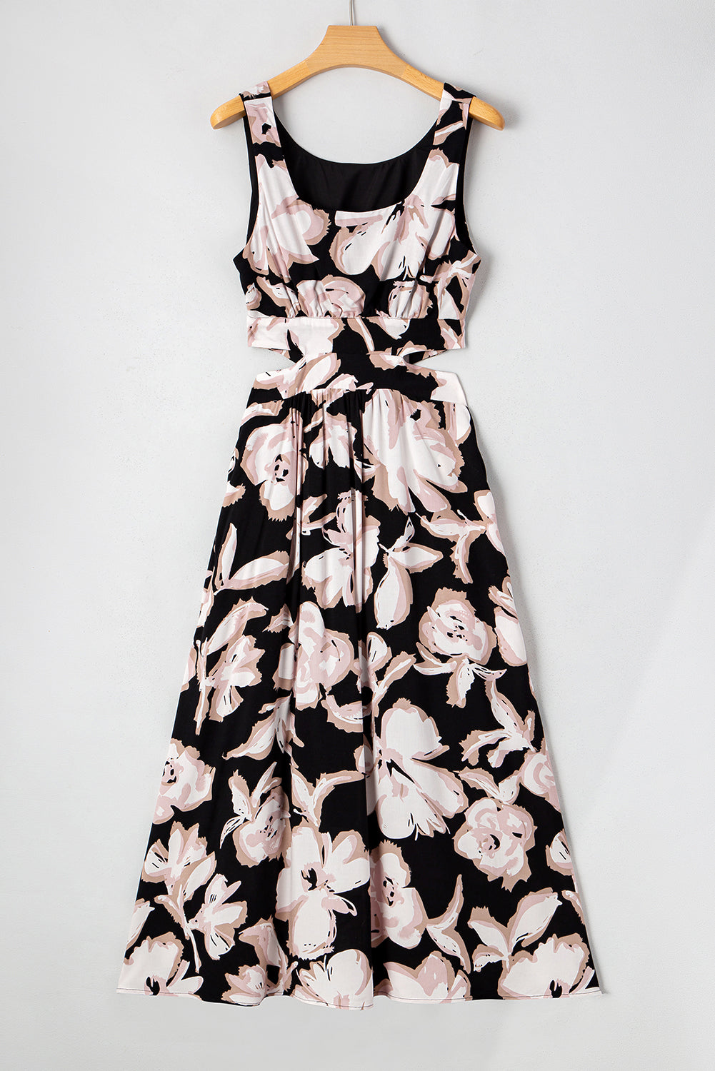 Black Floral Cutout Square Neck Knot Back Sleeveless Long Dress Maxi Dresses JT's Designer Fashion