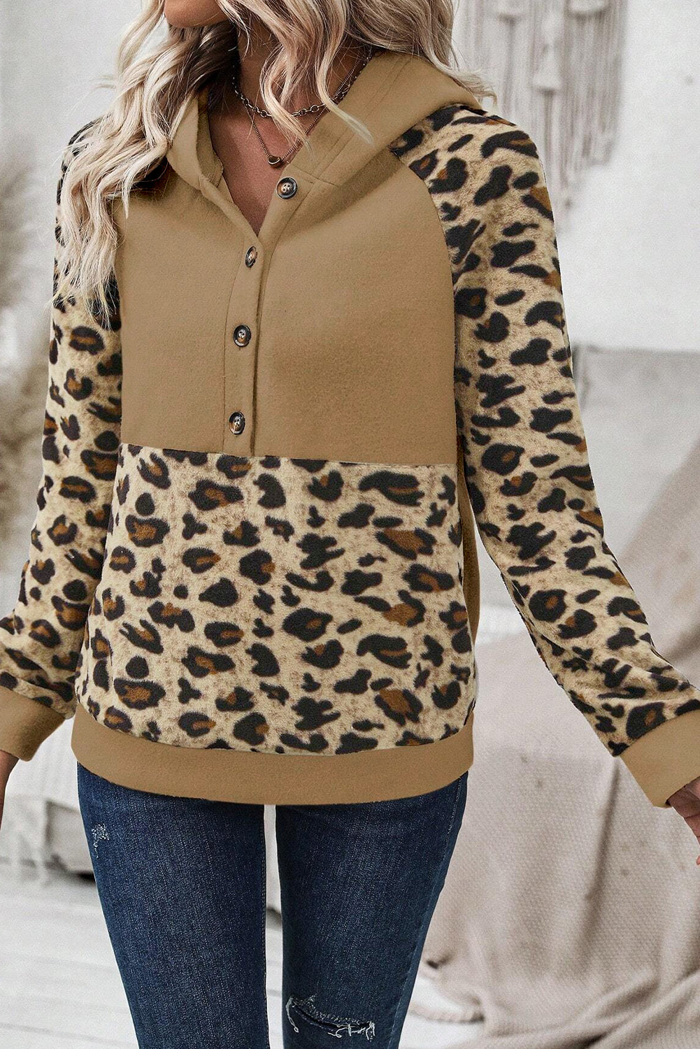 Light French Beige Leopard Print Patchwork Raglan Sleeve Half Buttons Hoodie Sweatshirts & Hoodies JT's Designer Fashion