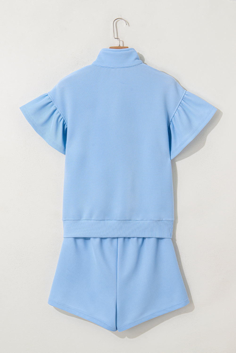 Beau Blue Ribbed Texture Half Zip Ruffled Short Sleeve Top and Shorts Set Short Sets JT's Designer Fashion