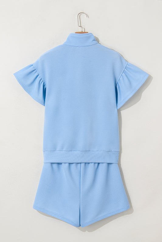 Beau Blue Ribbed Texture Half Zip Ruffled Short Sleeve Top and Shorts Set Short Sets JT's Designer Fashion