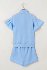Beau Blue Ribbed Texture Half Zip Ruffled Short Sleeve Top and Shorts Set Short Sets JT's Designer Fashion