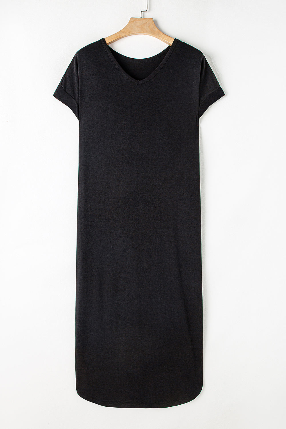 Black V Neck Hidden Pocket Splits Maxi T-shirt Dress T Shirt Dresses JT's Designer Fashion