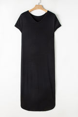 Black V Neck Hidden Pocket Splits Maxi T-shirt Dress T Shirt Dresses JT's Designer Fashion
