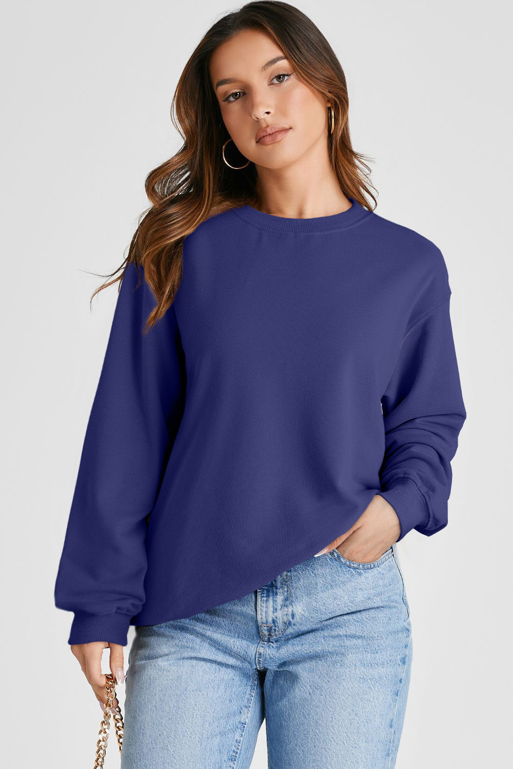 Navy Blue Plain Drop Shoulder Crewneck Pullover Sweatshirt Sweatshirts & Hoodies JT's Designer Fashion