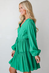 Sea Green Frilly V Neck Puff Sleeve Drawstring Shift Mini Dress Mini Dresses JT's Designer Fashion