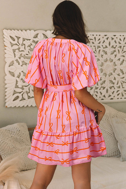 Pink Bowknot Striped Printed Bubble Sleeve Buttoned Belted Mini Dress Mini Dresses JT's Designer Fashion