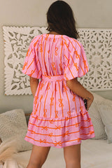 Pink Bowknot Striped Printed Bubble Sleeve Buttoned Belted Mini Dress Mini Dresses JT's Designer Fashion