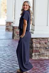 Navy Blue Raw Hem Loose Tee and Wide Leg Pants Set Pant Sets JT's Designer Fashion