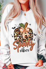 Beige Spooky Leopard Pumpkin Print Crew Neck Sweatshirt Beige 50%Polyester+50%Cotton Graphic Sweatshirts JT's Designer Fashion