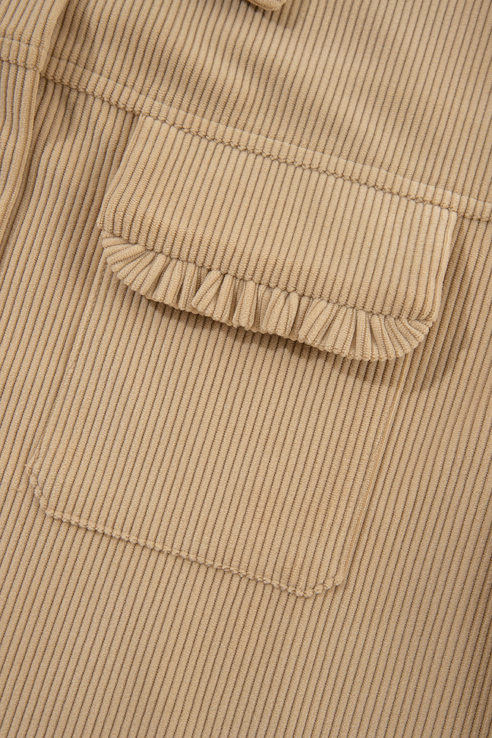 Light French Beige Solid Frilled Flap Pocket Button Up Corduroy Shacket Jackets JT's Designer Fashion