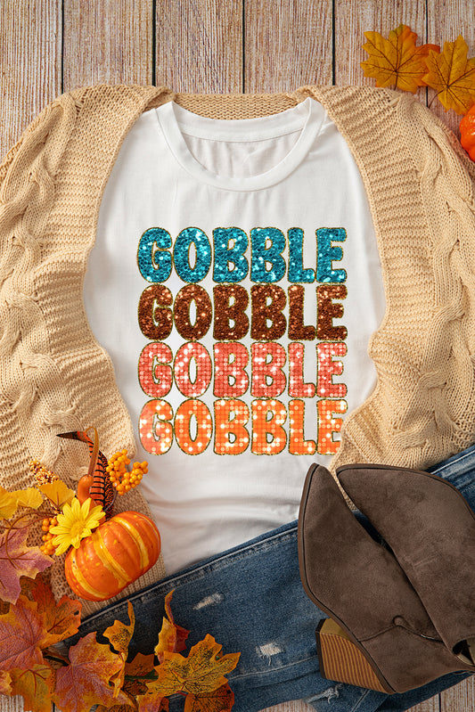 White Glittering GOBBLE Graphic Crewneck Thanksgiving T Shirt Graphic Tees JT's Designer Fashion