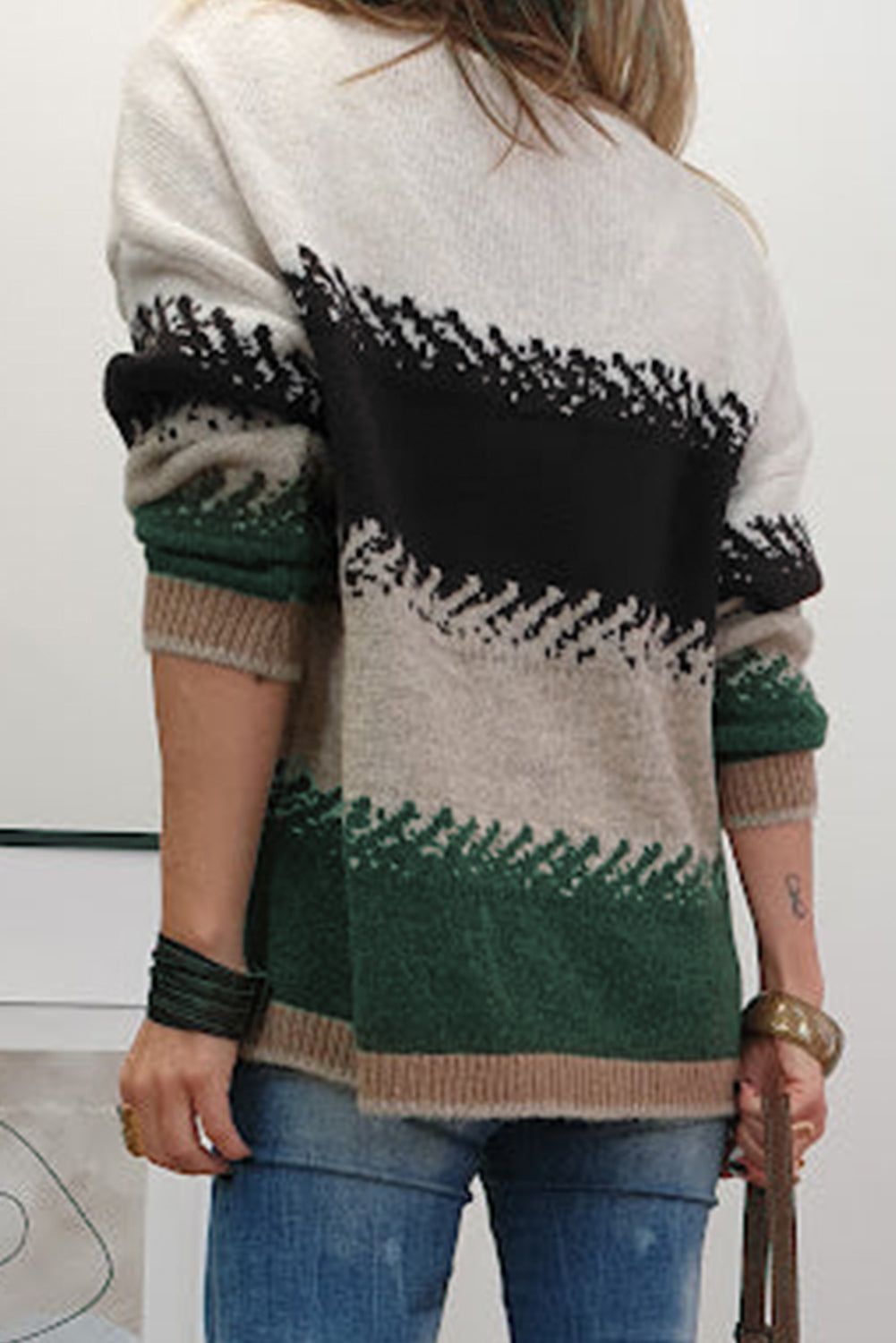 Black Stylish Color Block Pattern Drop Shoulder Sweater Sweaters JT's Designer Fashion