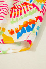 Orange Abstract Printed Shirred Bubble Half Sleeve V Neck Blouse Blouses & Shirts JT's Designer Fashion