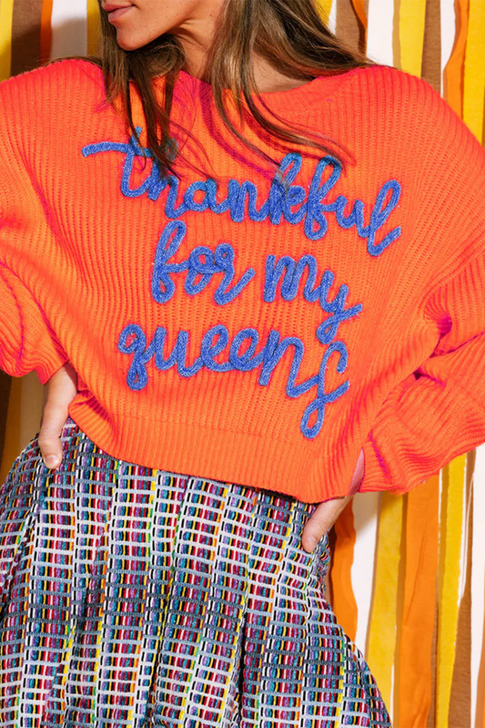 Vitality Orange Thankful for my queens Ribbed Knit Drop Shoulder Graphic Sweater Vitality Orange 65%Acrylic+35%Polyamide Sweaters JT's Designer Fashion