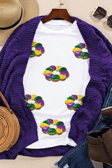 White Sequined Mardi Gras Pattern Crew Neck Short Sleeve Top Graphic Tees JT's Designer Fashion