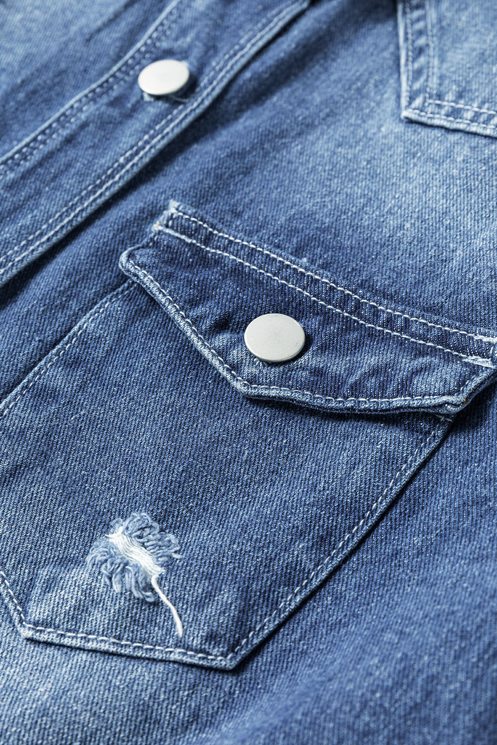 Sky Blue Light Wash Distressed Frayed Long Denim Jacket Denim Jackets JT's Designer Fashion