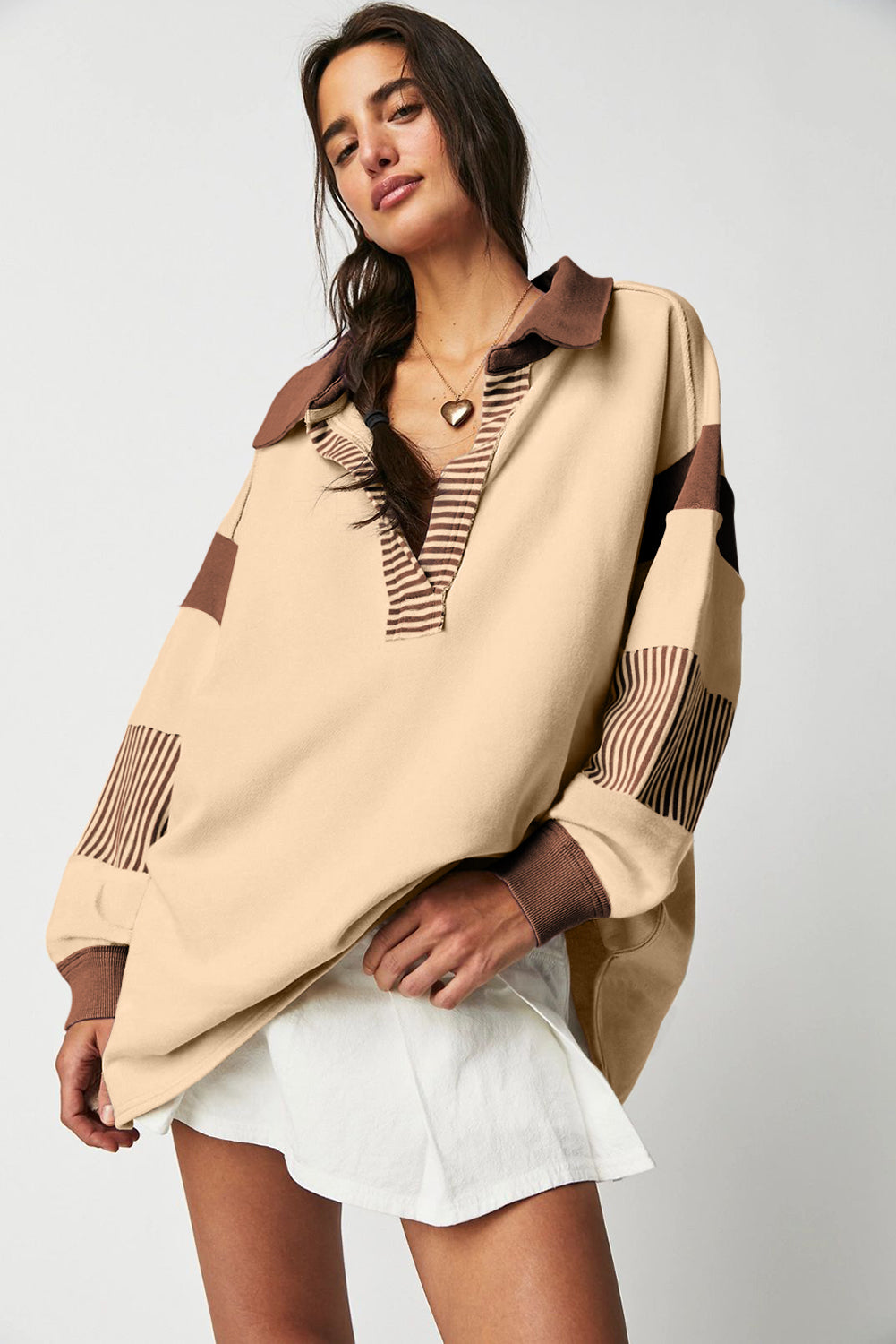 Light French Beige Striped Colorblock Patchwork Collar Sweatshirt Sweatshirts & Hoodies JT's Designer Fashion