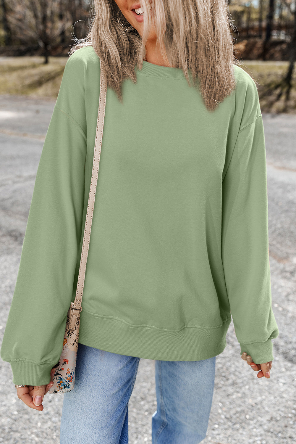 Smoke Green Plain Drop Shoulder Crewneck Pullover Sweatshirt Sweatshirts & Hoodies JT's Designer Fashion