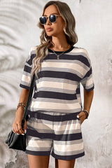 Black Stripe Short Sleeve T Shirt and High Waist Pocketed Shorts Set Short Sets JT's Designer Fashion