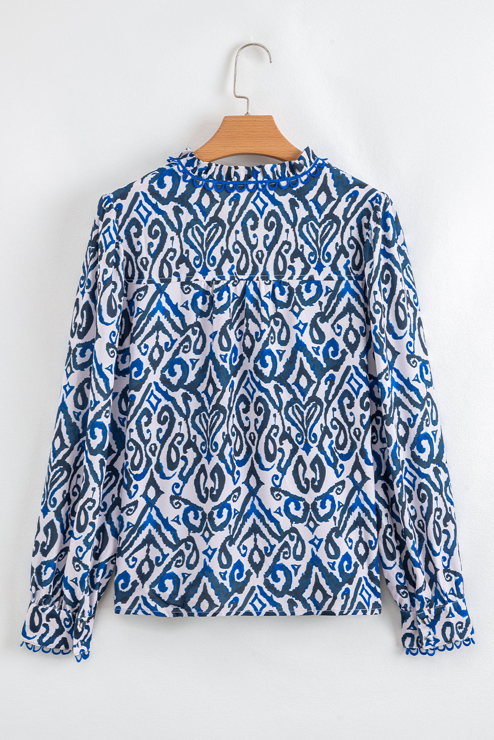 Blue Bohemian Print Embroidered V Neckline Detail Long Sleeve Shirt Blouses & Shirts JT's Designer Fashion