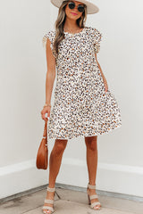 Khaki Leopard Ruffled Flutter Sleeve Keyhole Back Mini Dress Mini Dresses JT's Designer Fashion