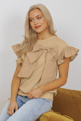 Parchment Two Tones Ribbon Bow Ruffle Sleeve Top Blouses & Shirts JT's Designer Fashion