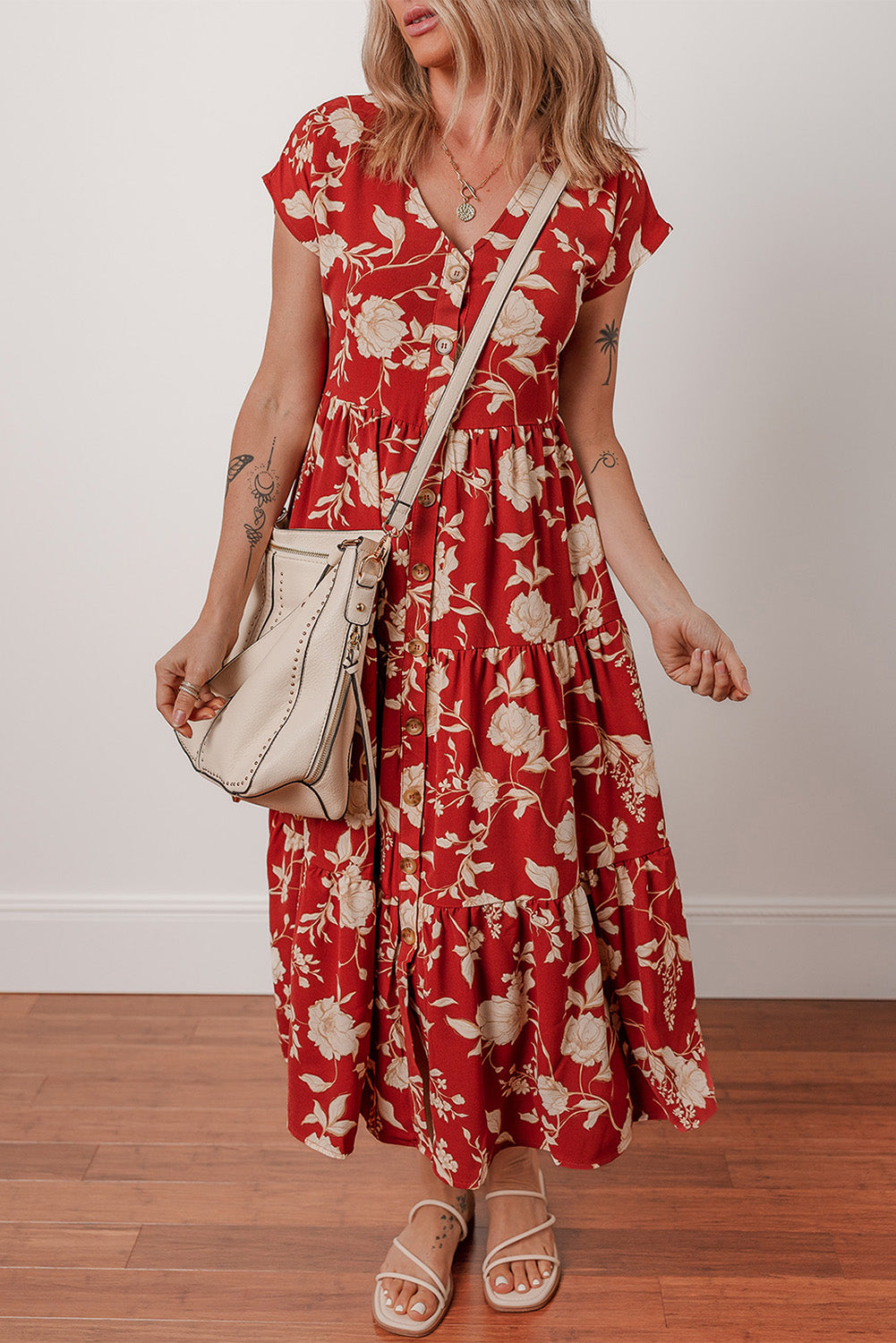 Red Floral Print Buttoned Front V Neck Tiered Short Sleeve Midi Dress Midi Dresses JT's Designer Fashion