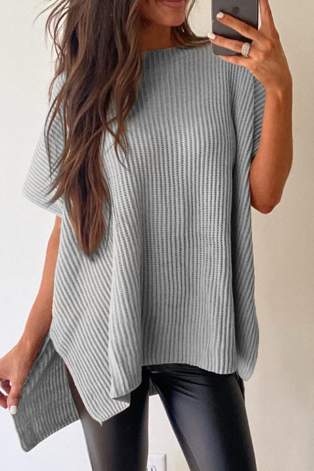 Gray Short Sleeve Side Slit Oversized Sweater Sweaters & Cardigans JT's Designer Fashion