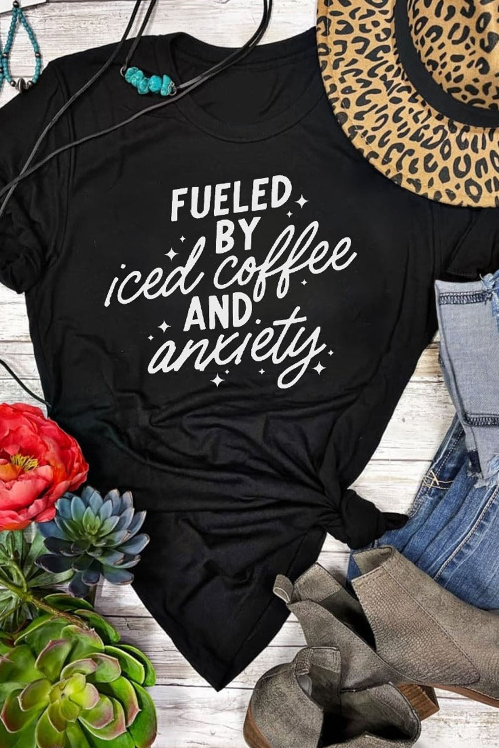 Black FUELED BY iced coffee AND anxiety Graphic Tee Black 95%Polyester+5%Elastane Graphic Tees JT's Designer Fashion