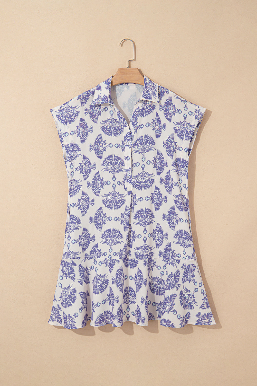 Sky Blue Printed Shirt Collar Half Button A-line Mini Dress Dresses JT's Designer Fashion
