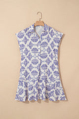 Sky Blue Printed Shirt Collar Half Button A-line Mini Dress Dresses JT's Designer Fashion