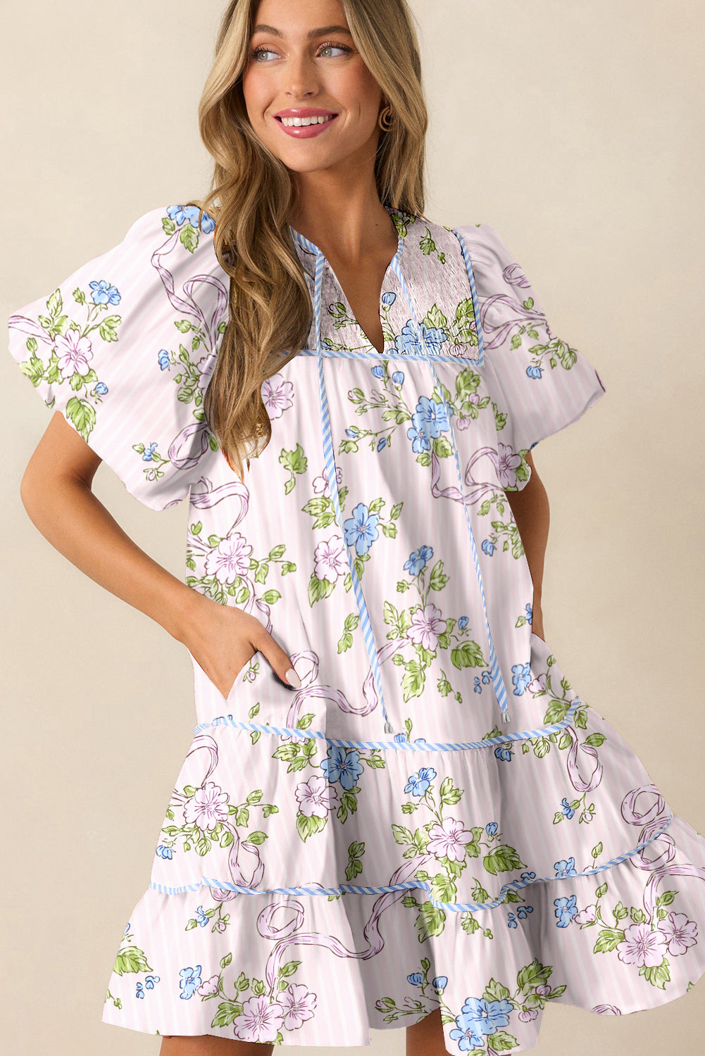 Pink Floral Striped Print Contrast Trim Tie Split Neck Mini Dress Dresses JT's Designer Fashion
