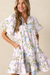 Pink Floral Striped Print Contrast Trim Tie Split Neck Mini Dress Dresses JT's Designer Fashion