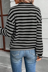 Black Stripe Textured Quarter Zip Collar Long Sleeve Top Long Sleeve Tops JT's Designer Fashion