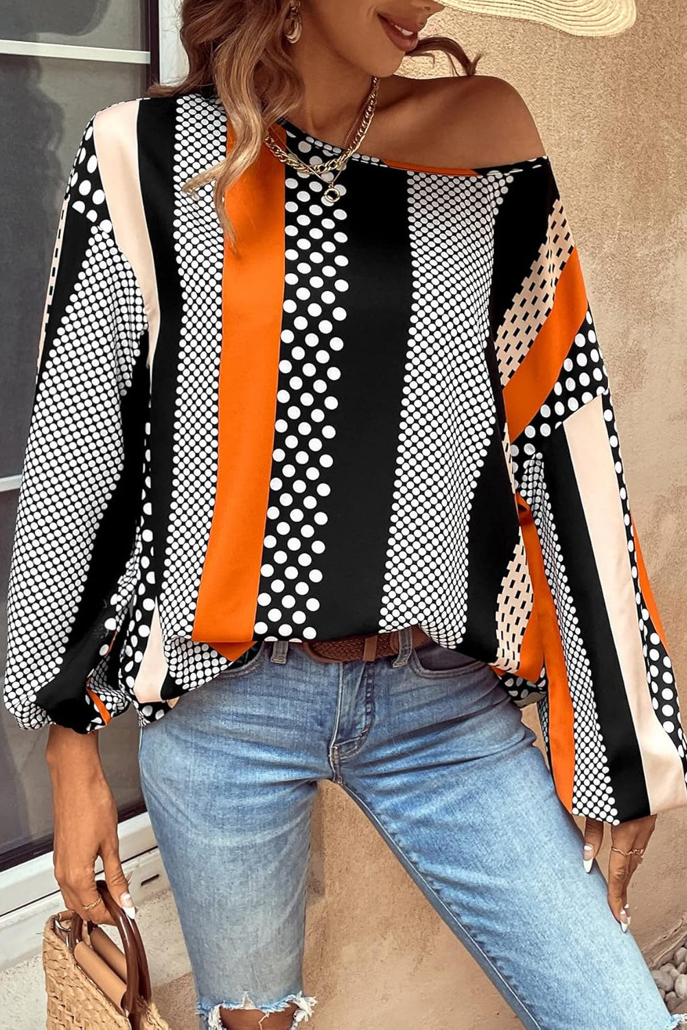 Orange Polka Dot Vertical Striped Printed Puff Sleeve Blouse Blouses & Shirts JT's Designer Fashion