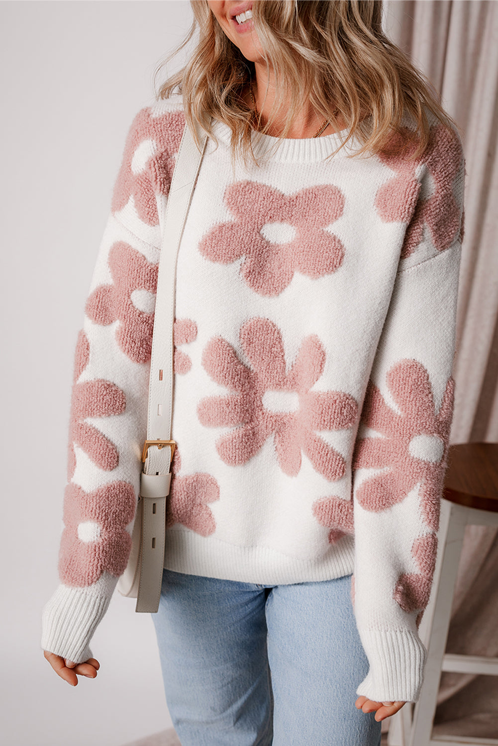 White Textured Flower Drop Shoulder Loose Sweater Sweaters JT's Designer Fashion