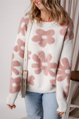White Textured Flower Drop Shoulder Loose Sweater Sweaters JT's Designer Fashion