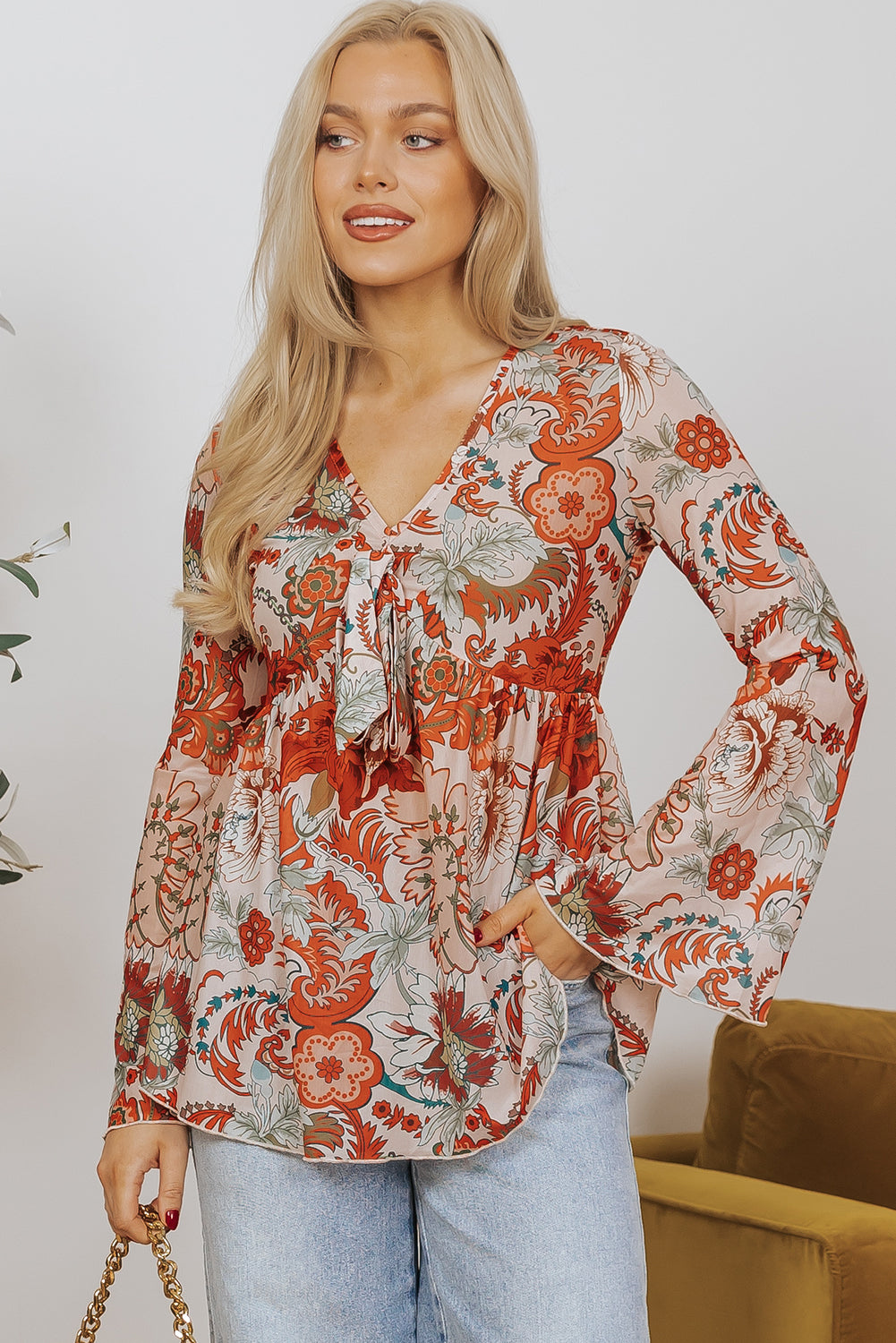 Orange Floral Print Deep V Neck Knot Bell Sleeve Blouse Blouses & Shirts JT's Designer Fashion