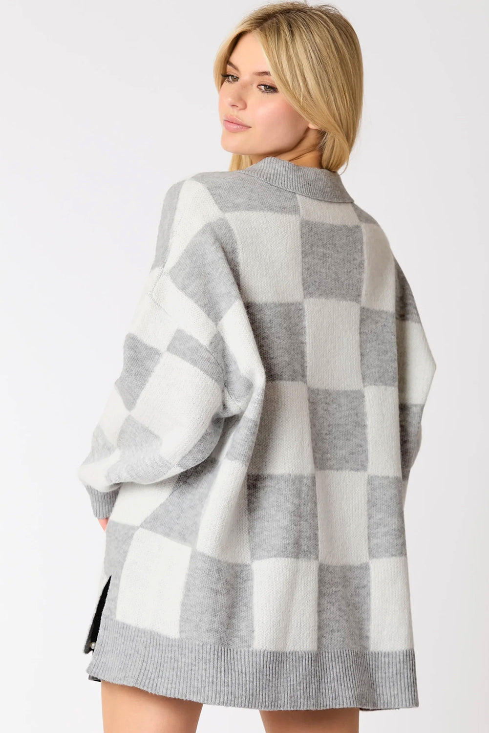 Gray Plus Size Checkered Pattern Button Polo Collar Split Sweater Plus Size Sweaters & Cardigans JT's Designer Fashion